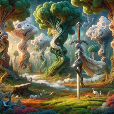 The primary subject of the image is a woman standing in a field with a sword. She is wearing a white dress and appears to be a warrior. The setting is a lush, green field with trees in the background. The visual style is a digital art or illustration, creating a vibrant and detailed scene. The colors and mood of the image are predominantly green, with a sense of tranquility and natural beauty.